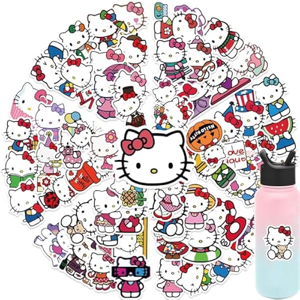 100Pcs Cool Character Hello Kitty Stickers for Water Bottles Skateboard Luggage Laptop Bumper Waterproof Vinyl Stickers Bulk for Boys Teens Adults (KT)