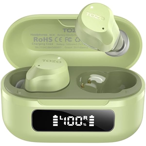 TOZO NC9 Hybrid Active Noise Cancelling Wireless Earbuds, 6 Mics ENC Clear Call, IPX8 Waterproof, in Ear Bluetooth 5.3 Headphones Stereo Bass Ear Buds 59H Playtime with LED Display 32 EQs via APP