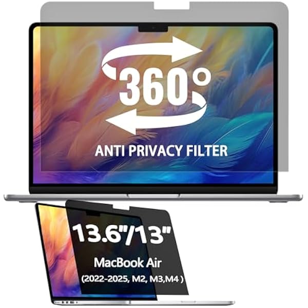 360° Privacy Screen Protector for MacBook Air 13.6/13 Inch (2022-2025, M2, M3，M4), Privacy Screen Filter for MacBook Air 13.6 Inch, Anti-Spy/Anti Fingerprint/Anti Blue Light/Anti Glare