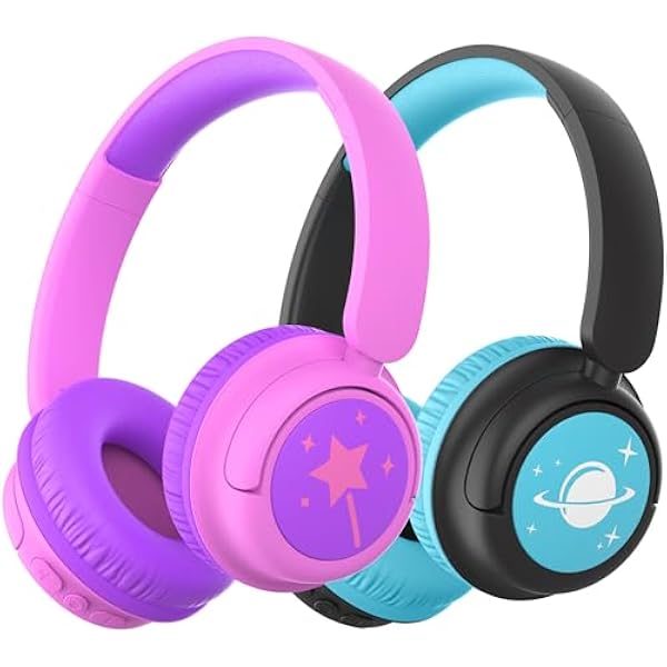 iClever BTH22 Kids Bluetooth Headphones 2 Pack, 60H Play Time, 74/85 dBA Safe Volume, Bluetooth 5.4, USB C, Over Ear Kids Headphones Wireless AUX Cord for iPad/Tablet/Travel/School, Black & Magenta