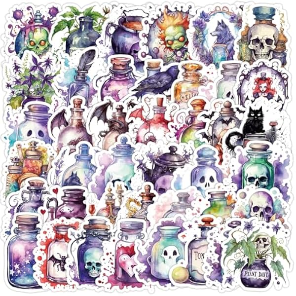 50-Piece Fantasy Gothic Potion Magic Jar Sticker - Witchy Skull, Ghost, Halloween Waterproof Vinyl Stickers for Scrapbooking, Journals, Water Bottles, Laptop Decoration