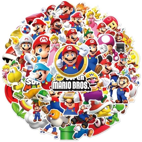 50pcs Cartoon Super Mario Stickers for Kids, Vinyl Waterproof Decal for Water Bottle Laptop Toy Sticker for DIY Decorate Bumper Phone Hard Hat Party Supplies Kids Teens Gifts (mar50)