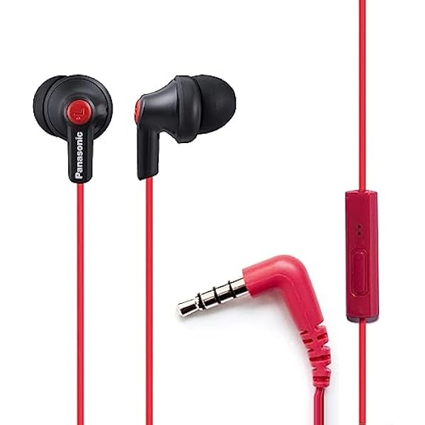 Panasonic ErgoFit Wired Earbuds With Microphone, 3.5mm Jack Headphones with Mic and Call Controller, Ergonomic Custom-Fit Earpieces (S/M/L), for Phones and Laptops - RP-TCM125-KB (Matte Black/Red)