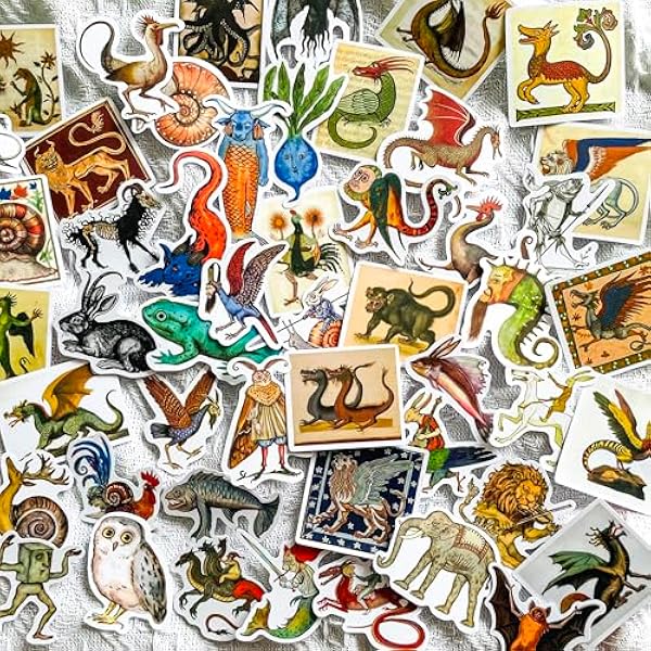 50 Pcs Medieval Creatures Stickers – Vintage Fantasy Mythical Monster Decals for Scrapbooking, Journaling, Laptops, Gothic Aesthetic, Medieval Art Vinyl Sticker Pack