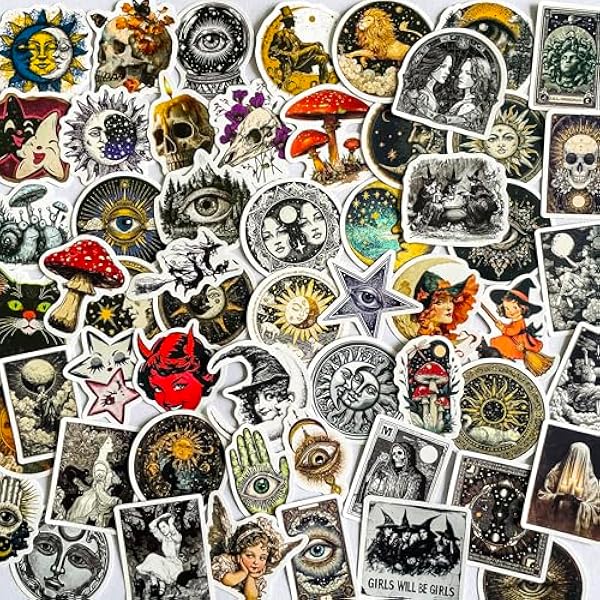 56 Pcs Vintage Cryptid Witchy Gothic Stickers – Medieval Occult Astrology Celestial Sun Moon Tarot Gothic Skull Vinyl Decals for Scrapbooking Journals Laptops