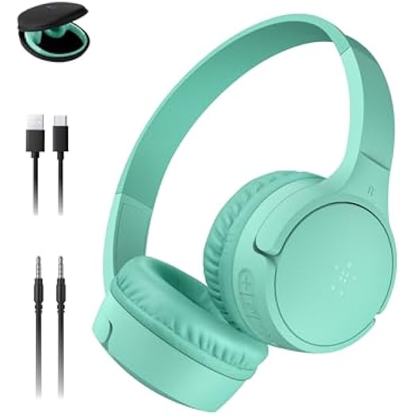 Belkin SoundForm Mini - Wireless Bluetooth Headphones for Kids with 30H Battery Life, 85dB Safe Volume Limit, Built-in Microphone - Kids On-Ear Earphones for iPhone, iPad, & More - Mint w/Case