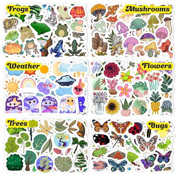 BulbaCraft Nature Stickers - Flowers, Mushrooms, Leaves, Plants, Insects & Bugs Stickers, Nature Party Decoration & Favors, Gifts for Women & Men
