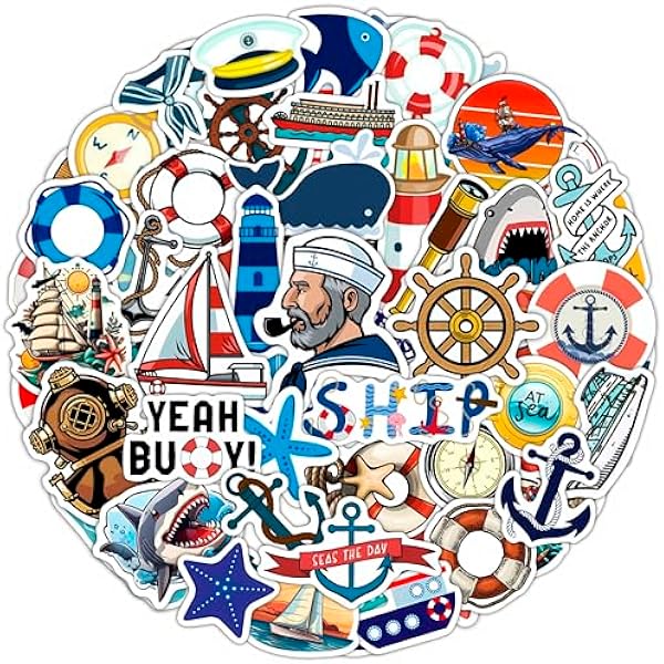 BulbaCraft Nautical Stickers for Water Bottle and Laptop - Nautical Party Favors & Decorations, Waterproof Vinyl Ocean Decals, Anchor and Marine Stickers Laptop Decals, Gifts for Women & Men
