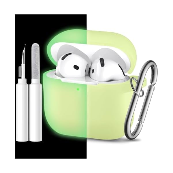 for Airpods 4th Generation Case Cover(2024),Soft Silicone Full Protective Case for AirPods 4 Case with Keychain & Cleaner Kit,Compatible with Apple Airpods 4 for Women,Men（Nightglowgreen）