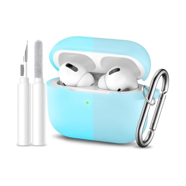 for Airpods Pro 2 Case with Cleaner Kit,Soft Silicone Full Protective Cover for AirPods Pro Case Women Men,Compatible for Apple Airpods Pro 2/Pro with Keychain,Front LED Visible, Nightglowblue