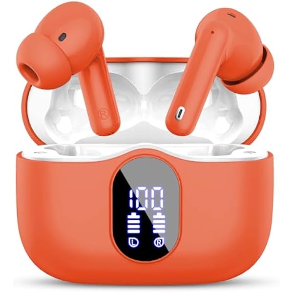 Wireless Earbuds, Bluetooth 5.4 Headphones Bass Stereo, Ear Buds with Noise Cancelling Mic, LED Display in Ear Earphones Clear Calls, IP7 Waterproof Bluetooth Earbuds for Laptop/Phones/Sports, Orange