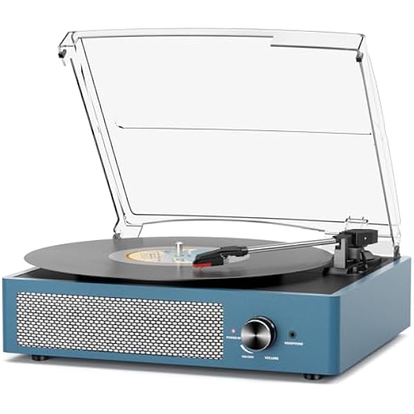 Vinyl Record Player with 2 Stereo Speakers Belt-Driven Vintage Turntables 3 Speed 3 Size Wireless Bluetooth Playback AUX-in RCA Out Headphone LP Vinyl Players Auto Stop Frosted Blue