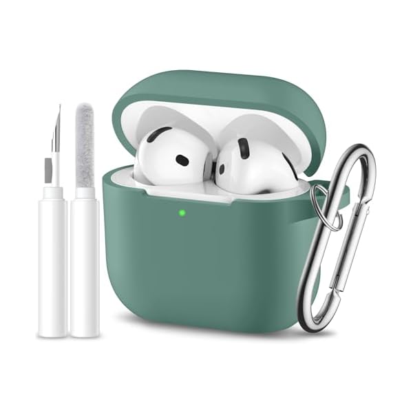 for Airpods 4th Generation Case Cover(2024),Soft Silicone Full Protective Case for AirPods 4 Case with Keychain & Cleaner Kit,Compatible with Apple Airpods 4 for Women,Men（Pinegreen）