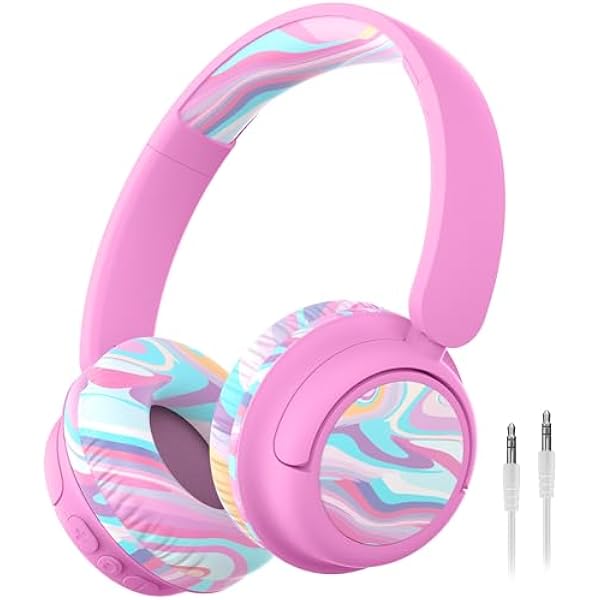 iClever BTH22 Kids Bluetooth Headphones, 60H Play Time, 74/85 dBA Safe Volume, Bluetooth 5.4, USB C, Over Ear Kids Headphones Wireless with Mic AUX Cord for iPad/Tablet/Travel/School, Pink-Stripe