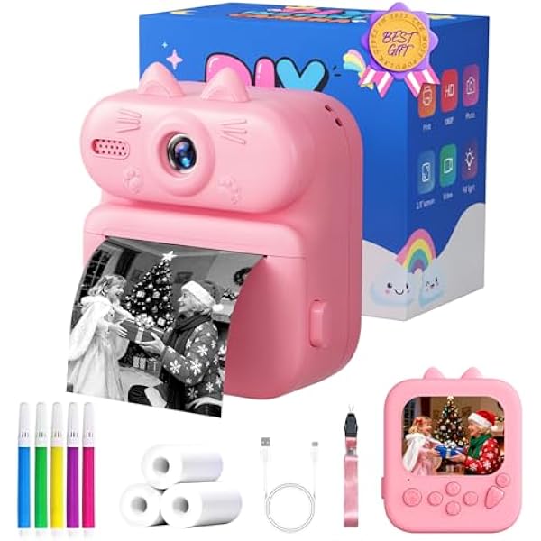 Kids Camera Instant Print: Gleeglee 1080P Instant Print Camera for Kids - Christmas Birthday Gifts for Girls Boys - Portable Toy for 3 4 5 6 7 8 9 10 Years Old, Pink Cat