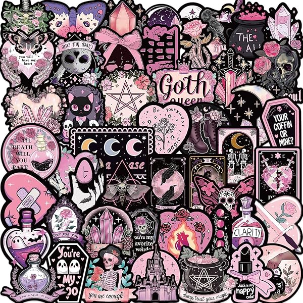 50-Piece Pink Goth Witch Sticker - Pastel Gothic Stickers with Skulls, Crystals, Cats, Tarot Cards, Spooky Quotes - Waterproof Vinyl for Laptops, Scrapbooks, Water Bottles