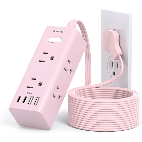 10Ft Extension Cord with Multiple Outlets, Flat Plug Power Strip Surge Protector with 10 Ft Long Cord, 6 Outlet 3 USB Ports (1 USB C), Multi Outlet Wall Plug for Travel, Dorm Room Essentials-Pink