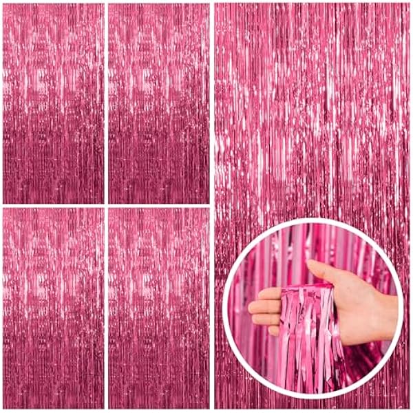 5 Pack Pink Tinsel Curtain Party Backdrop Foil Fringe Birthday Photo Booth Streamer Backdrop Theme Decorations