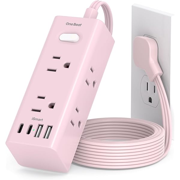 5Ft Extension Cord with Multiple Outlets, Flat Plug Power Strip Surge Protector with 5 Ft Long Cord, 6 Outlet 3 USB Ports (1 USB C), Multi Outlet Wall Plug for Travel, Dorm Room Essentials-Pink