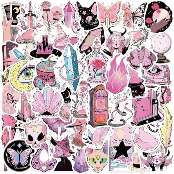 Yoksas Gothic Pink Witch Stickers - 50Pcs Waterproof Pastel Goth Astrology Crystal Stone Witchy Stickers for Scrapbook,Laptop, Water Bottle,Notebook