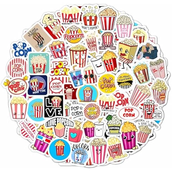 BulbaCraft Popcorn Stickers for Water Bottle and Laptop - Popcorn Party Favors & Decorations, Waterproof Vinyl Decals, Movie Night and Snack Stickers, Gifts for Women & Men