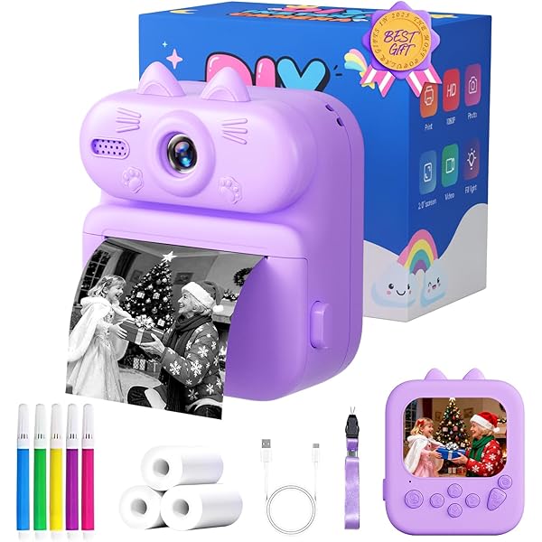 Kids Camera Instant Print: Gleeglee 1080P Instant Print Camera for Kids - 32G SD Card - Lanyard - Christmas Birthday Gifts for Girls Boys - Portable Toy for 3 4 5 6 7 8 9 10 Years Old, Purple Cat