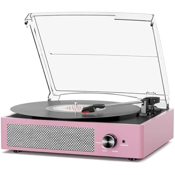 Record Player with Speakers Belt-Driven Vintage Turntables 3 Speed 3 Size Wireless Bluetooth Playback AUX-in RCA Out Headphone LP Vinyl Players Auto Stop Purple Pink