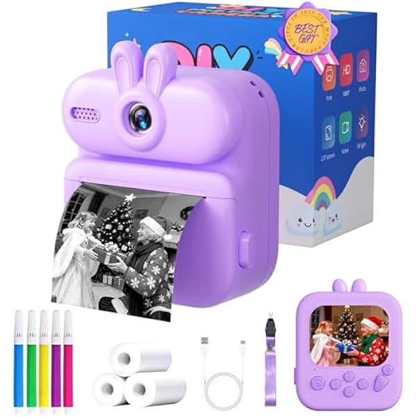 Instant Print Camera for Kids: Gleeglee 1080P Kids Camera Instant Print - 32G SD Card - Lanyard - Christmas Birthday Gifts for Girls Boys - Portable Toy for 3 4 5 6 7 8 9 10 Years Old, Purple Rabbit