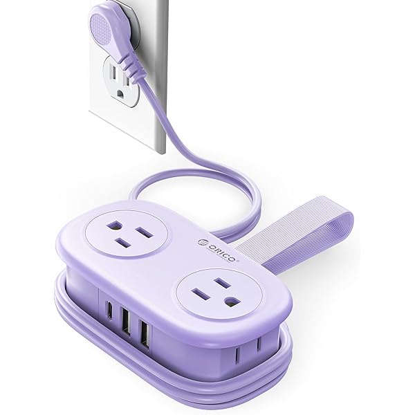 ORICO 4FT Purple Travel Power Strip with 4 AC Outlets, 2 USB-A Ports, and 1 USB-C Port, 45° Flat Plug Extension Cord with Non Surge Protector for Travel/Home/Dorm/Office-AP3