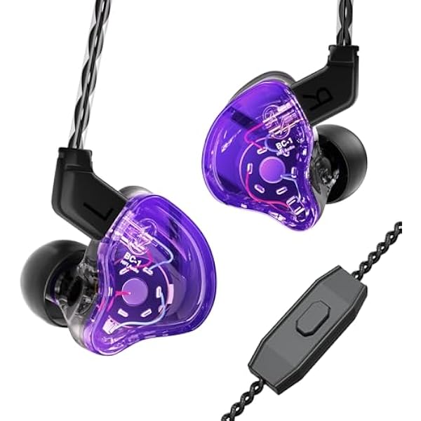 CCZ Melody Gaming iem Earphones, in ear Monitors with Clear Sound, hifi 1DD 1BA Drivers Wired Earbuds, 3.5mm Plug in Headphones with Comfortable Ear fins for PC Laptop Computer (Purple, microphone)