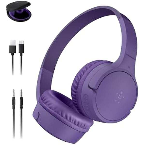 Belkin SoundForm Mini - Wireless Bluetooth Kids Headphones, 30H Battery, 85dB Safe Volume Limit, Built-in Microphone - Toddler On-Ear Earphones for iPhone, iPad - Ideal for School - Purple w/Case