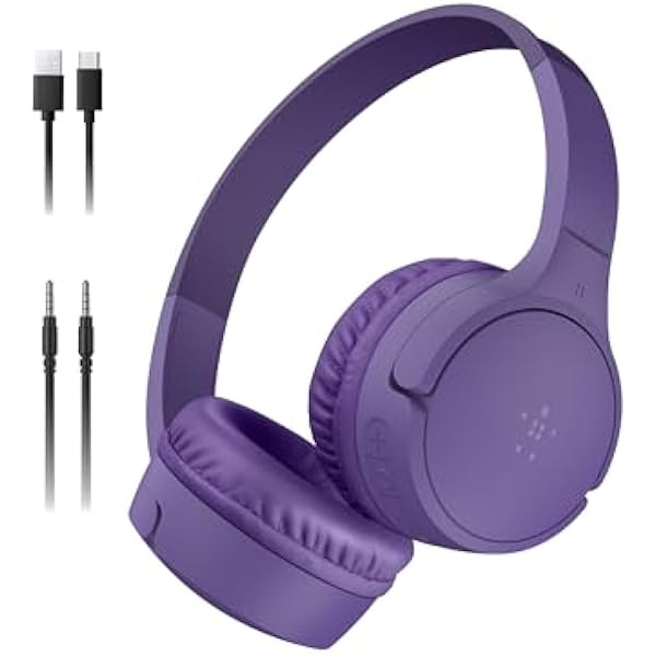 Belkin SoundForm Mini - Wireless Bluetooth Kids Headphones, 30H Battery, 85dB Safe Volume Limit, Built-in Microphone - Toddler On-Ear Earphones for iPhone, iPad, Fire Tablet, Ideal for School - Purple