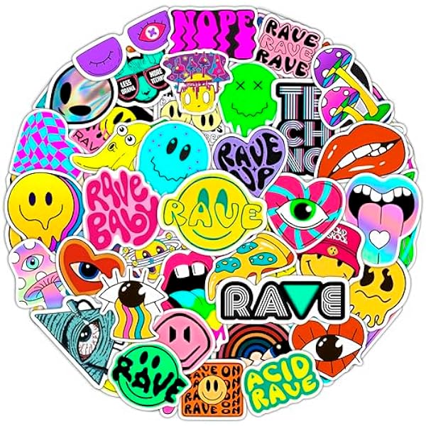 BulbaCraft Rave Stickers for Water Bottle and Laptop - Trippy Stickers, Psychedelic Party Favors & Decorations, Waterproof Vinyl Festival Decals, Gifts for Women & Men
