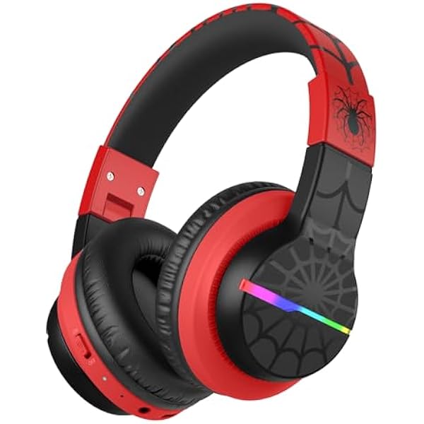 iClever BTH12 Kids Bluetooth Headphones,Colorful LED Lights,74/85dBA Safe Volume,85H Playtime,Fast Charging,Bluetooth 5.2,Over Ear Kids Headphones Wireles for iPad/Tablet/Airplane,Black/Red