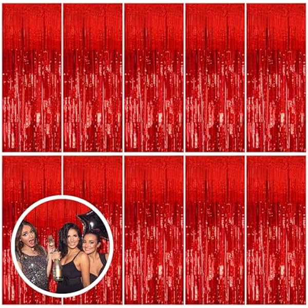 10 Pack Red Streamers Party Backdrop Christmas Decorations Foil Fringe Backdrop Curtains Carnival Casino Theme Birthday New Year Holiday Celebration Bachelorette Party Decorations Supplies