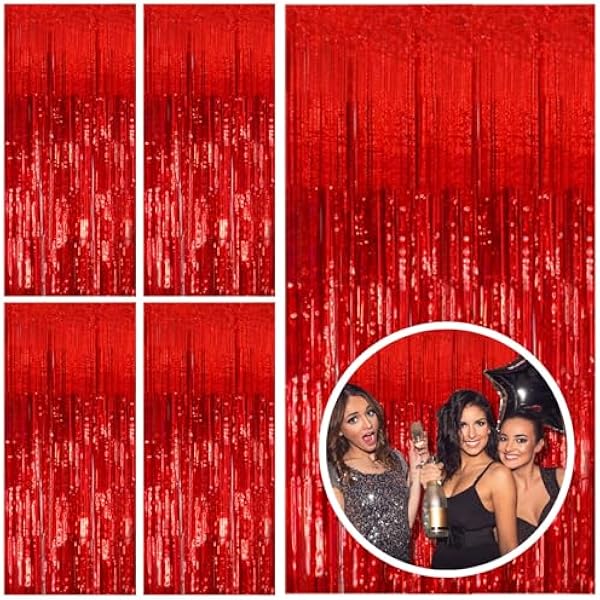 5 Pack Red Streamers Party Backdrop Christmas Decorations Foil Fringe Backdrop Curtains Carnival Casino Theme Birthday New Year Holiday Celebration Bachelorette Party Decorations Supplies