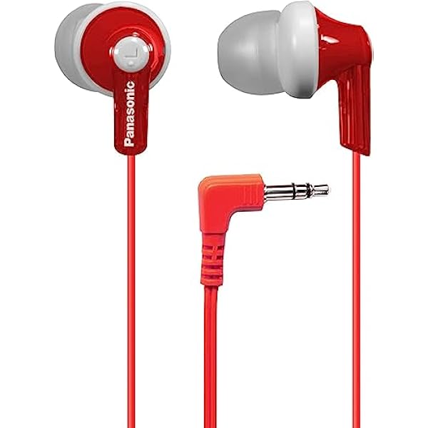 Panasonic ErgoFit Wired Earbuds, 3.5mm Jack In-Ear Headphones Wired with Dynamic Crystal-Clear Sound and Ultra Soft Ergonomic Custom-Fit Earpieces (S/M/L), for Phones and Laptops - RP-HJE120-R (Red)