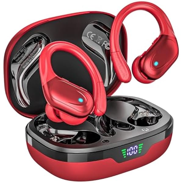 Wireless Earbuds, Sports Bluetooth Headphones, 80Hrs Playtime Ear Buds with LED Power Display, Noise Canceling Headset, IPX7 Waterproof Earphones for Workout/Running (Red)