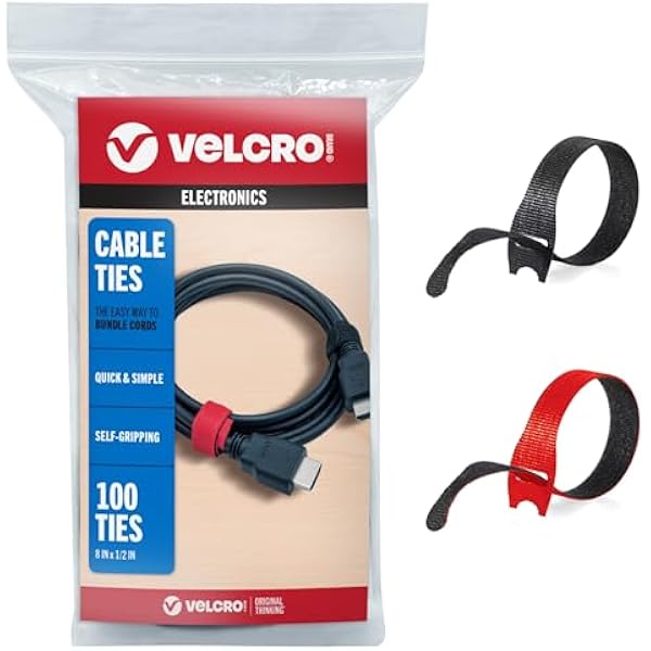 VELCRO Brand Cable Ties, 100Pk - 8 x 1/2" Red and Black, Reusable Alternative to Zip Ties, ONE-WRAP Thin Pre-Cut Cord Organization Straps, Wire Management for Office or Home, VEL-30200-AMS, Black/Red