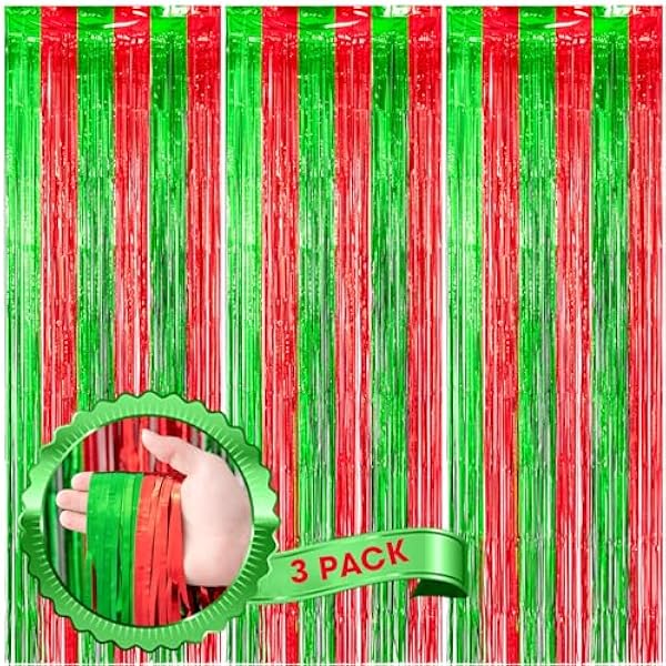3 Pack 3.3x8.2 Feet Red and Green Foil Fringe Backdrop Curtains, Tinsel Streamers Birthday Party Decorations, Fringe Backdrop for Graduation, Baby Shower, Gender Reveal, Disco Party