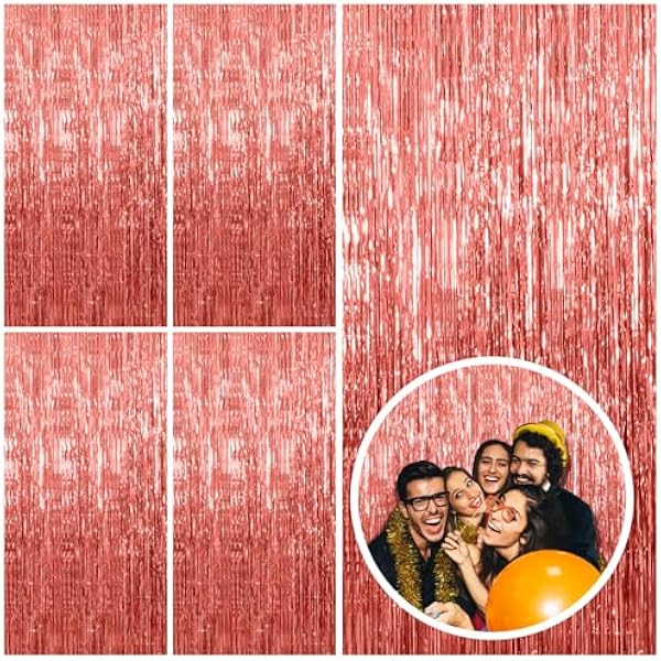 5 Pack Rose Gold Fringe Curtain Backdrop Birthday Bachelorette Party Decorations Metallic Tinsel Streamers Foil Backdrop Christmas Graduation Wedding New Year Party Decorations