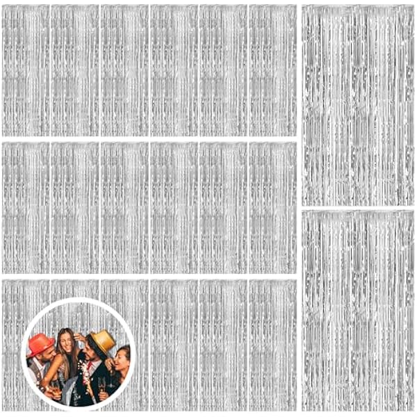 20 Pack Silver Backdrop Curtain Party Decorations Foil Fringe Backdrop Silver Tinsel Streamers Birthday Bachelorette New Year Christmas Wedding Baby Shower Disco Party Decorations