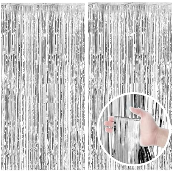 2 Pack Silver Backdrop Curtain Party Decorations Foil Fringe Backdrop Silver Tinsel Streamers Birthday Bachelorette New Year Christmas Wedding Baby Shower Disco Party Decorations