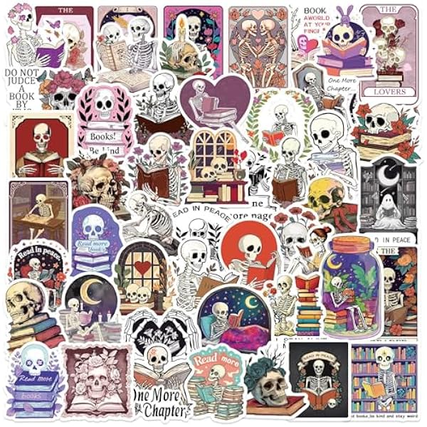 50PCS Gothic Skeleton Reading Stickers - Vintage Dark Academia Aesthetic Skull Book Lover Decals for Laptops, Water Bottles, Readers, Journals, Scrapbooking