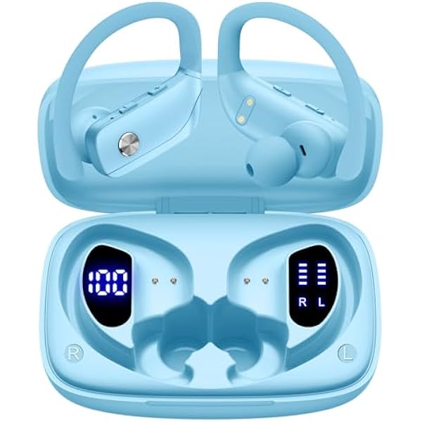 bmani Ear Buds Wireless Earbuds Bluetooth Headphones with 80H Playtime LED Display Case, Over-Ear Hook with Mic, Stereo Sound, Easy Button Controls, Sports Earphones for Running Workout Sky Blue
