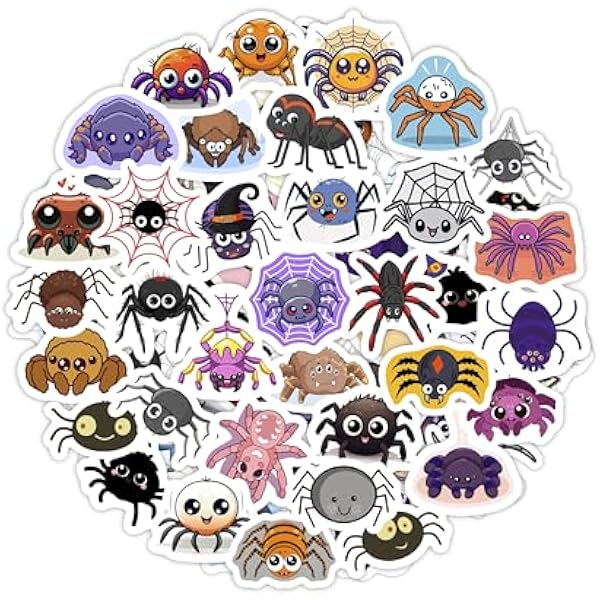 BulbaCraft 100Pcs Spider Stickers for Water Bottle and Laptop - Spider Party Favors & Decorations, Waterproof Vinyl Decals, Cute and Creepy Stickers, Gifts for Women & Men