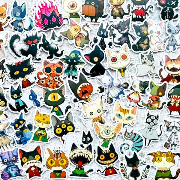 50-Piece Gothic Horror Cat Sticker – Vintage Halloween Creepy Spooky Cat Stickers for Laptops, Scrapbooks, Journals, Gothic Art Lovers