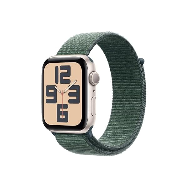 Apple Watch SE (2nd Gen) [GPS 44mm] Smartwatch with Starlight Aluminium Case with Lake Green Sport Loop One Size. Fitness and Sleep Trackers, Crash Detection, Heart Rate Monitor, Carbon Neutral