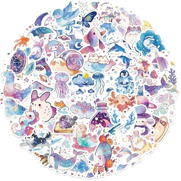50Pcs Cartoon Rainbow Starry Sky Animal Stickers for Kids Cute Animal Stickers Cute Gifts for Girls Boys Waterproof Vinyl Sticker for Waterbottle Laptop Guitar Classroom Prizes for Elementary Students