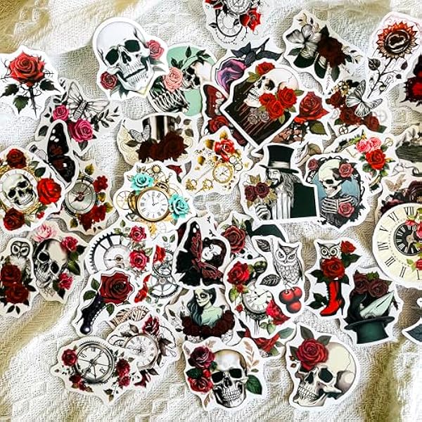 Yoksas Gothic Steampunk Rose Skeleton Stickers - 50Pcs Vinyl Vintage Horror Skull Flowers Stickers for Laptops,Water Bottles,Scrapbooks,Halloween